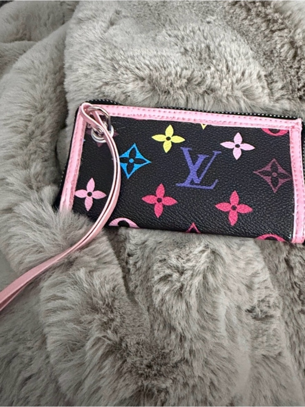 Hand Crafted Black Wristlet with Pink Trim and Multicolor Motifs